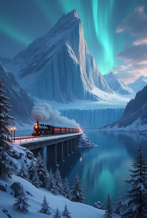 Realistic Painting of a huge and massive glacier ending onto a lake, Its in the middle of winter, night with  an aurora borealis, a steam locomotive with historic railway carriages drives  through the night over a bridge. The windows of the carriages are l...