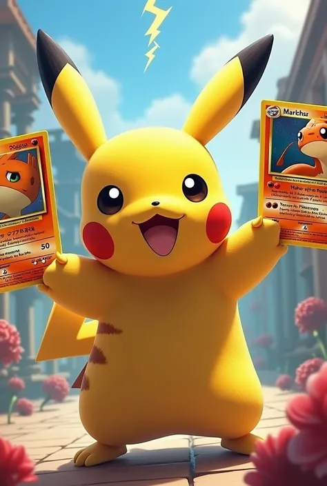 Pokémon Pikachu with Pokémon Charizard cards in your hands 