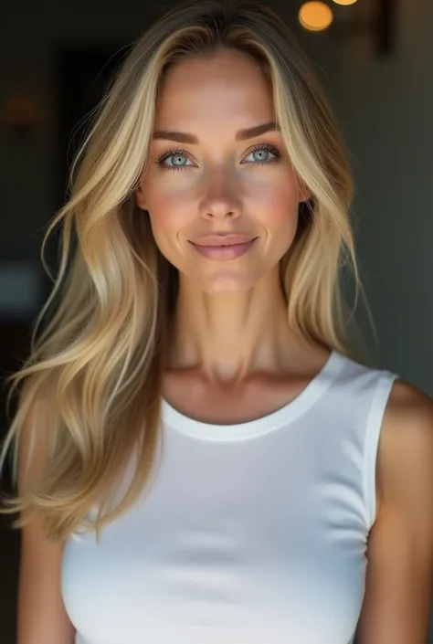  female executive ,  long hair , straight and blonde,  I wore a sleeveless white t-shirt , wearing big breasts ,  front view,  very detailed, 35 years, natural wavy hair , Blue eyes,  High resolution,  masterpiece ,  The best quality,  intricate details , ...