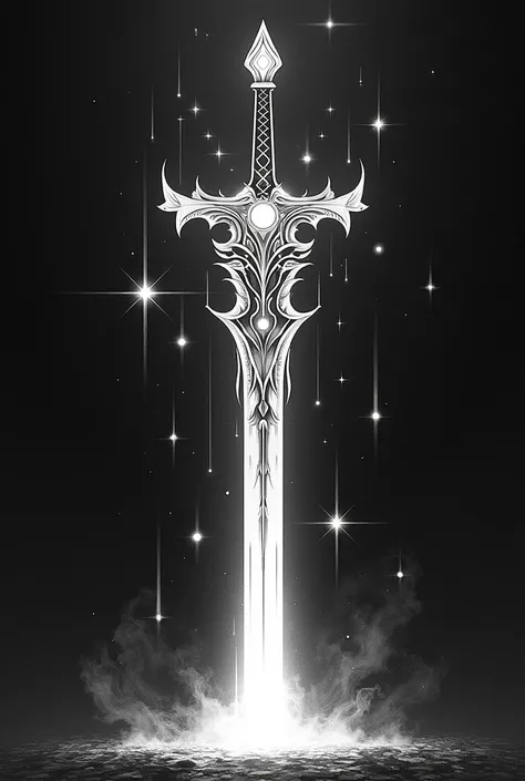 Csillag Kard: Az első kard egy misztikus, shining sword ,  symbolizing the stars and light .  The design should be made with black shades and subtle gray shading,  the shape of the sword is powerful and elegant .  The stars and lights should appear with fi...