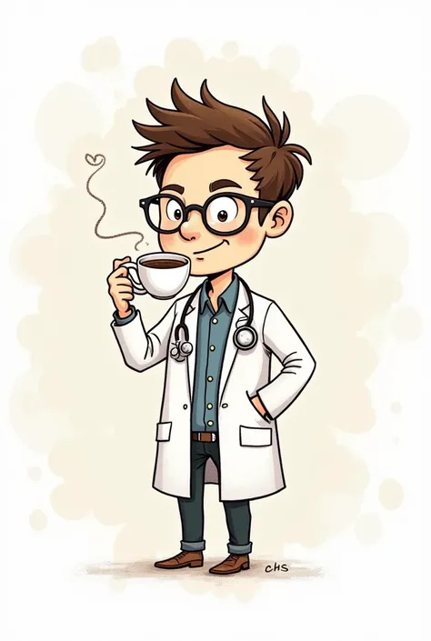 Create a funny and quite illustration of a doctor dermatologist who drink coffee. That would be a image for a cup, which the clinic give in preset to their doctors. Make the image in hand draw style