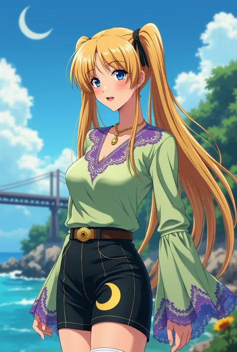 Serena,  a beautiful 25-year-old blonde woman , beautiful face,  with very long long hair tied in two pigtails in the shape of odangos ,  her bangs split in half fall on her blue eyes,  red lips, wearing a lime green lace print blouse with purple  ,long fl...