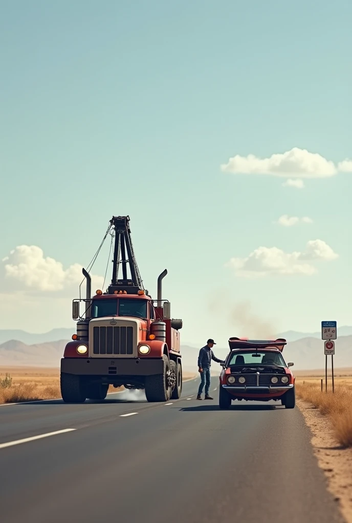 Tow truck picking up broken down car from side of empty highway