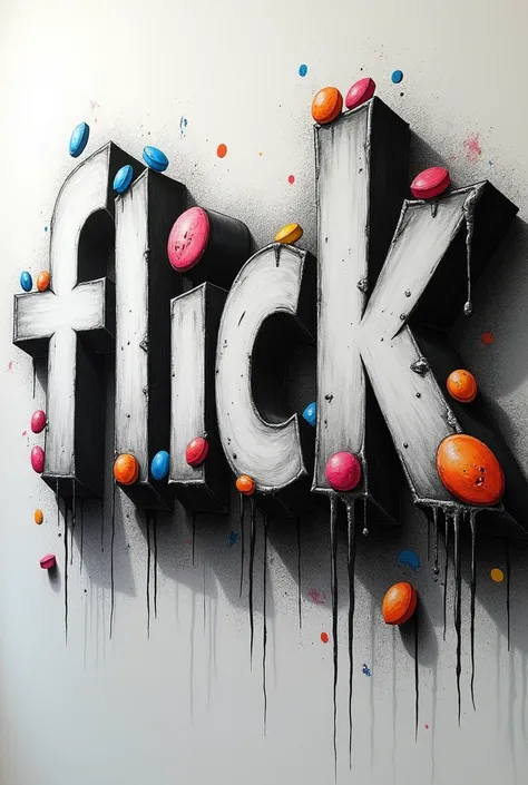  create an image of the word "Flick" written with graphite letters , As if it were made by a street artist ,  inside the letters there are small tablets, colorful, And with rounded letters 