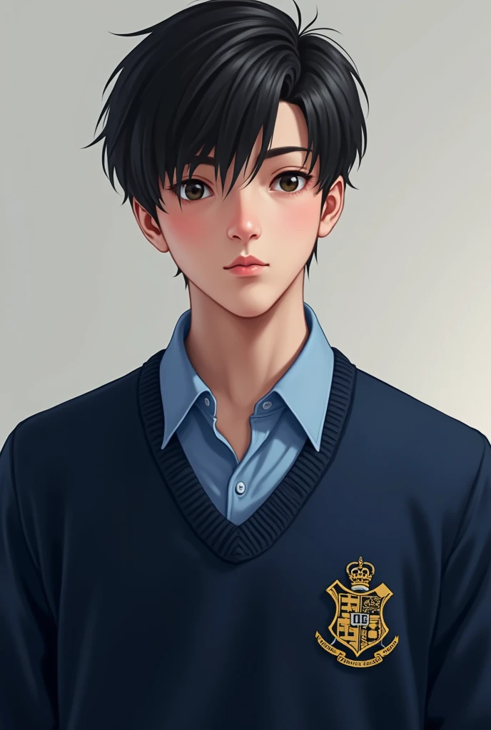 Draw a picture of a  boy wearing a high school uniform, blue shirt and wearing a school sweater.