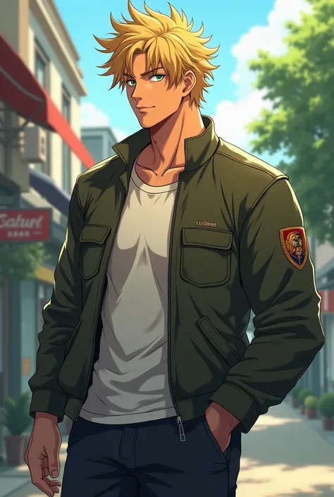 19-year-old anime man, messy blonde hair, green eyes, strong, big and fit body, tan skin, 198 centimeters tall, casual, kind. With a jacket