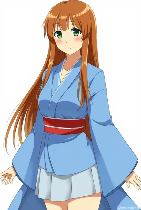  Murasaki Shikibu OC from Bungo stray dogs, chestnut, hime cut, extremely long and straight hair,  unadorned hair , broad forehead, bushy eyebrows, short eyebrows, beautiful character, blue clothes,  Haori completely light blue , light blue skirt , short s...