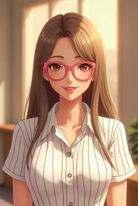 Animation of a soft brown-eyed white ,  with straight and long dark blonde hair , wearing pink nude glasses with a square top and slightly rounded base ,  medium brown eye color , mixed features , long face. Logistic center style venue with a soft backgrou...