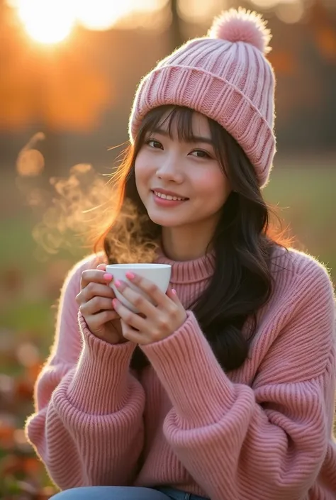 Autumn sunrise 、Ishihara Satomi live-action series、 pink sweater、Knitted hat、 Coffee Break 