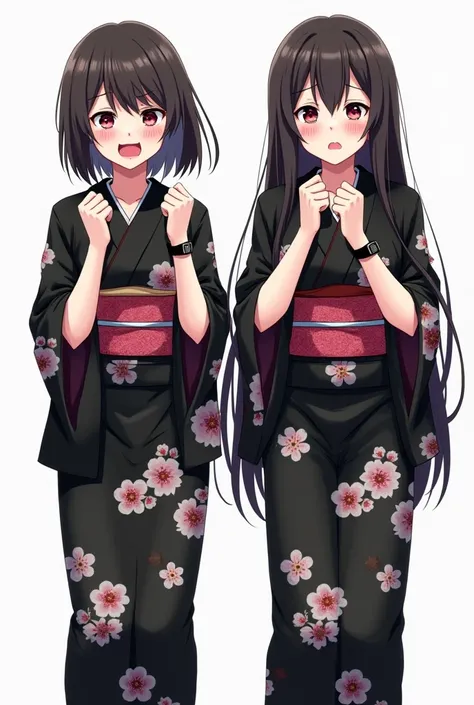 Anime sisters wearing black yukata with worried flowers and with a white background and full body and with pink nails and a black watch with their fists on their chests both hands with an emotion of nervousness and with an expression of concern and a feeli...