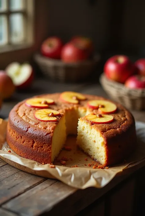 Gran’s Apple Cake,  The scene should be captured in warm, inviting lighting with a slight grainy texture, reminiscent of an old camera. The composition should convey a casual yet appealing presentation that highlights the dishs homemade charm. Ensure the i...