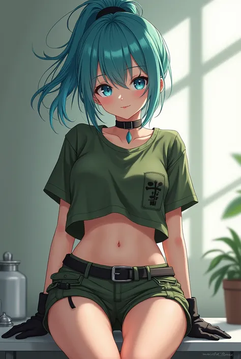 anime, Pale girl ,  blue-green hair tied in a high ponytail,  blue eyes , very messy hair ,  black gloves ,  military green clothes , short shorts,  short green t-shirt ,  small waist ,  big thighs ,  big breasts, mini shorts, soft thighs, flat stomach, gi...