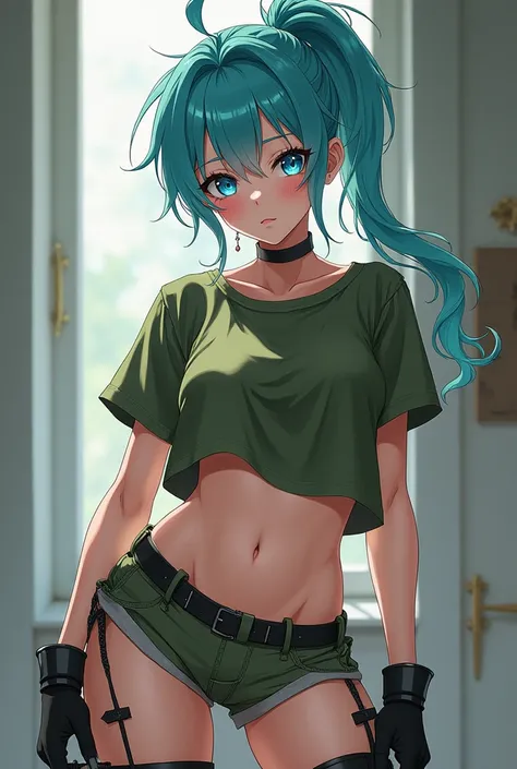 anime, Pale girl ,  blue-green hair tied in a high ponytail,  blue eyes , very messy hair ,  black gloves ,  military green clothes , short shorts,  short green t-shirt ,  small waist ,  big thighs ,  big breasts, mini shorts, soft thighs, flat stomach, gi...