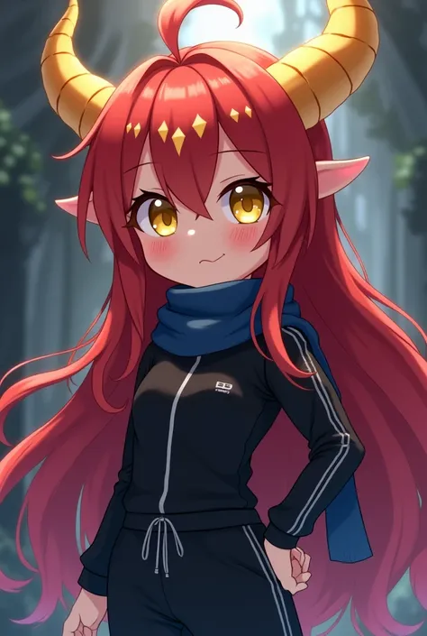 anime, toddler, with golden horns , yellow eyes and long red hair.  In a black training suit ,  wearing a dark blue scarf,