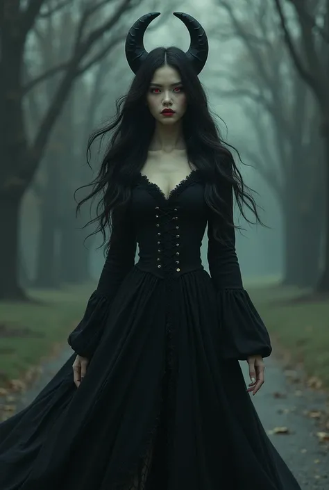  I would like a Goddess of darkness with black hair , light skin,  vintage-style black dress ,with a few simple details  ,  on top of her head a flying black moon exuding darkness,  red eyes  