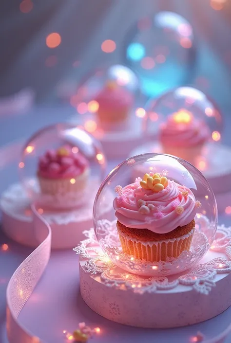 Beautiful bright multi-colored crystal transparent balls on a lace ribbon with beautiful cakes inside,