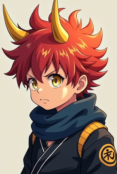 anime, boy, toddler, with golden horns , yellow eyes and long red hair.  In a black training suit ,  wearing a dark blue scarf,