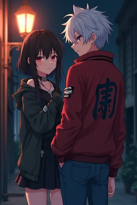  highest quality ,  very detailed , masterpiece,  anime style . A 16-year-old girl  (Dark brown hair,  red eyes )  wearing a rocker-style outfit with a skirt,  she has a silver cross string .  and a 20-year-old man  ( with medium white hair , eyes with het...