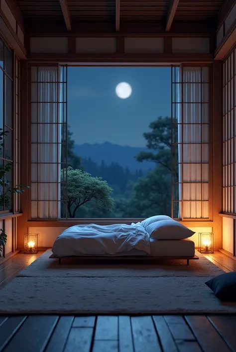 This is the bedroom of the Japanese house  at night 3D style, real life, details 