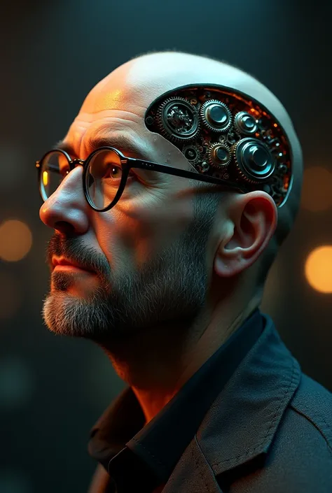 A hyper-realistic scene of a bald man with round glasses, resembling a serious and intellectual teacher. The top of his head is open, revealing his brain as a detailed engine composed of intricate gears and mechanisms, akin to the inner workings of a watch...