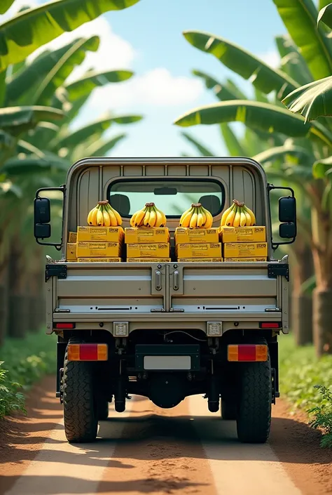 Create an image of a Jac HFC 1140 truck loading boxes of bananas on the road with plantain planting in the back . horizontal image 