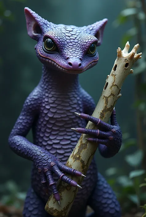 An adult newt with dark purple scales He is holding a musical instrument made from bones and algae, with a serious expression