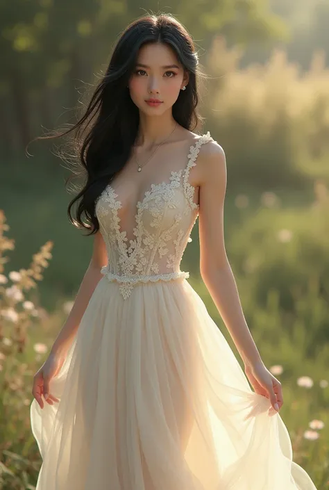  woman with black hair ,  white skin , pearl cream wedding dress, of lace and with a neckline on the front . 