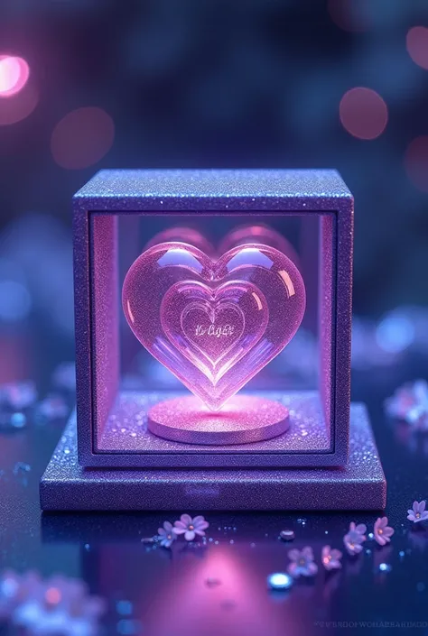 this is a beautiful purple shining gift square shaped inside heart necklace box this is opened this cap side kept, box nside black transparent heart it is made of glass, with heart couple inside written name "Asma" clearly, inside and background purple shi...