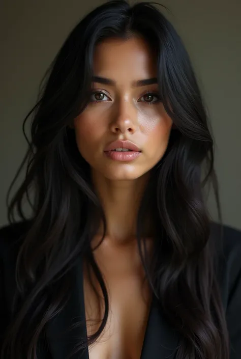 Young Latin woman with long straight, deep black thin hair dressed elegantly