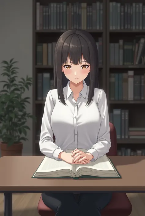 Girl  with black pent and white shirt uniform looking towards the book 