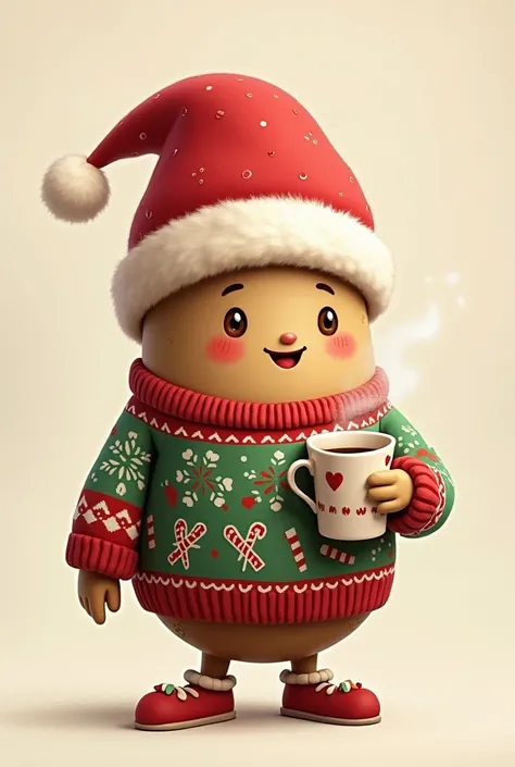 Animated coffee granite design wearing a Christmas sweater with a Christmas hat with a coffee in hand for sweater 