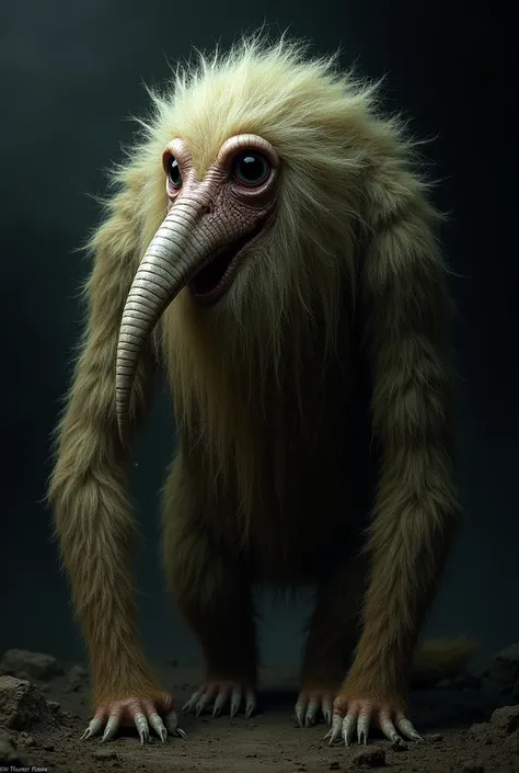  creature with a long nose, eyeless and very hairy 