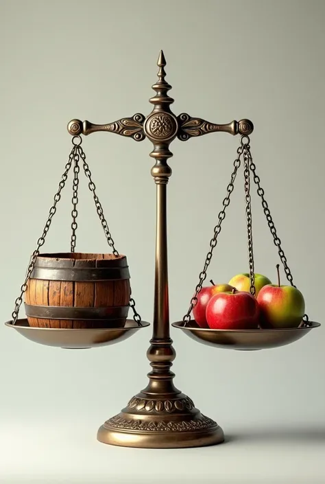 A scale where the barrel and the apples are balanced