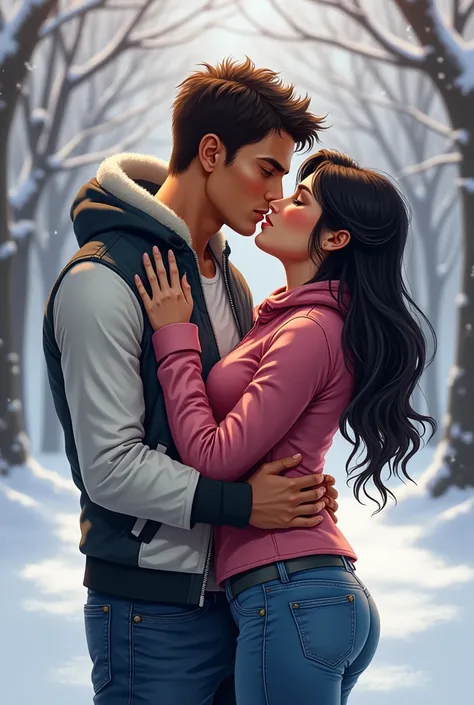 short dark brown hair olive skin brown eyes with muscles male wearing blue jeans white black jacket kissing his girlfriend on the lips who has long black hair hazel green eyes olive skin wearing a pink jacket and blue jeans in park in the winter with snow