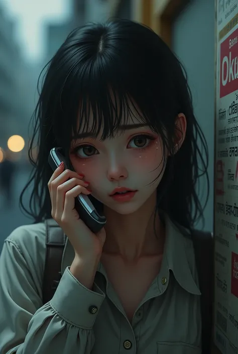 A girl who cries on her cell phone