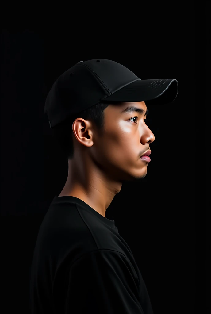 A INDONESIA YOUNG MEN WITH BLACK CAP SIDE VIEW IMAGE FULL BLACK BACKGROUND.