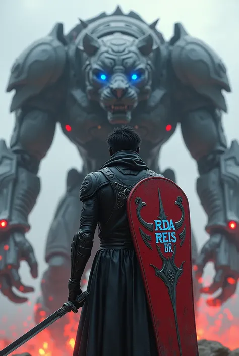  Black man in black armor of the future with black hair wearing a suit , with the acronym Rda Reis on the sword , wearing a Rapier with the acronym Rda Reis behind Rapier ,  standing in front of a giant creature walking standing in the shape of a tiger wea...