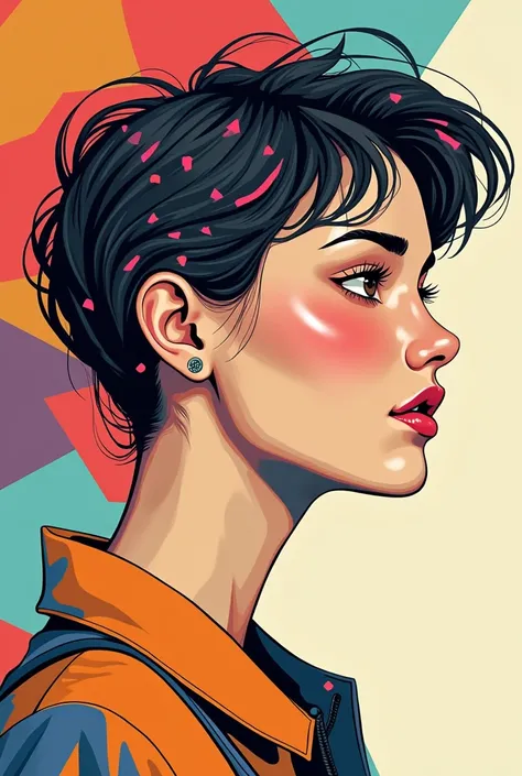 Easy drawing of face profile of young woman in profile with very colorful hair and geometric shapes in face and background