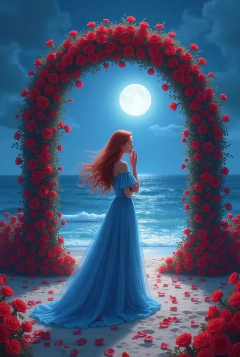 In the background a beach at night ,  adorned with a bow of red roses ,  a path with rose petals .  A woman with long red hair ,  wearing an elegant and beautiful blue dress with puffy sleeves.  She has her back to the camera , with hand over mouth, surpri...