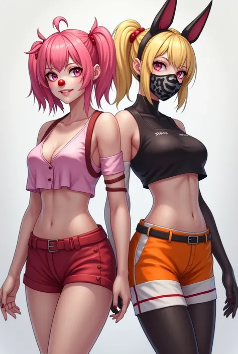 personagem feminina e um  masculine estilo game free fire,  with pink hair with little ears , clown nose,  short pink blouse ,  half red shorts , masculine"  half-blond hair with ears , Mask, Babinha do Velho  ,  chest mask with black spots , short orange,...