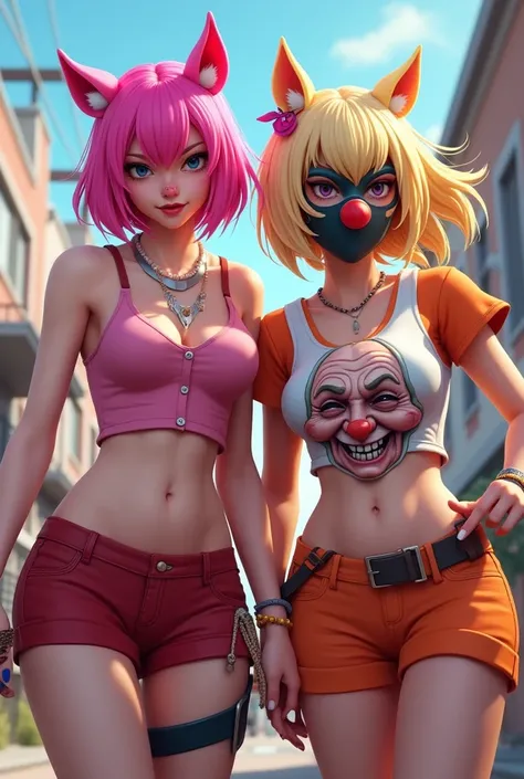 Female character and a female character 
Game Free Fire style,  with pink hair with little ears , clown nose,  short pink blouse ,  half red shorts , masculine"  half-blond hair with ears , Mask, Babinha do Velho  ,  chest mask with black spots , short ora...