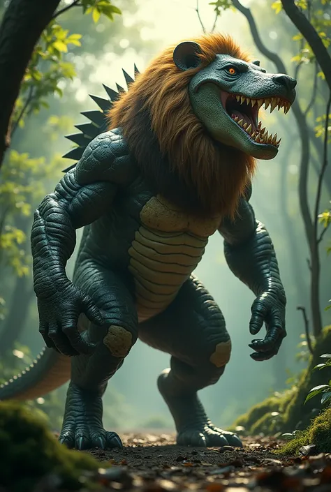 “Create a hyper-realistic image of a terrifying hybrid creature combining a lion and a crocodile. The creature features the muscular body of a lion, complete with its powerful legs and flowing mane, but its head is that of a crocodile, with massive jaws an...