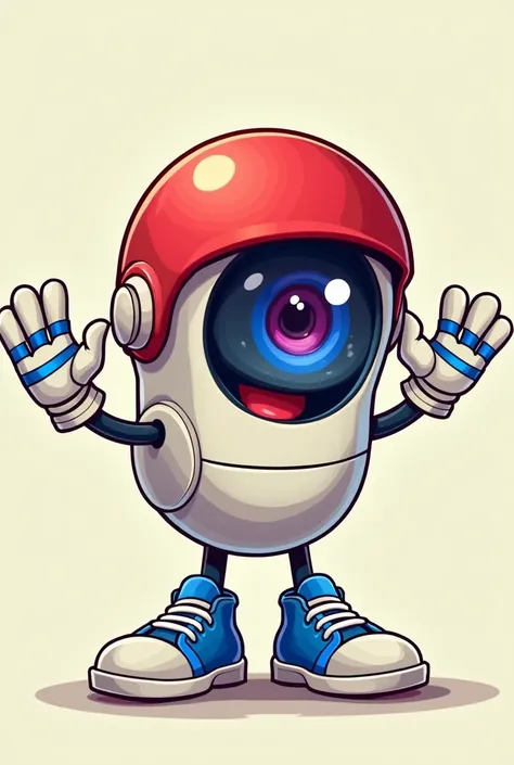 Cartoon of a Security Dome Camera, with red helmet,  camera with royal blue and red ,  sneakers with white gloves with royal blue lines waving their arms