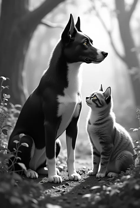 Black and white dog and a gray and white cat together in a low forest terrain