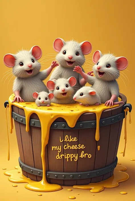 Gross mice with fluffy hair bathing in drippy cheese in a bucked with "i like my cheese drippy bro" written on it