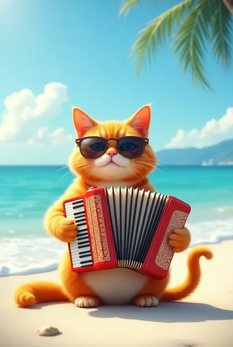 Draw a male orange cat sitting on the white sand on the seashore with sunglasses playing accordion.