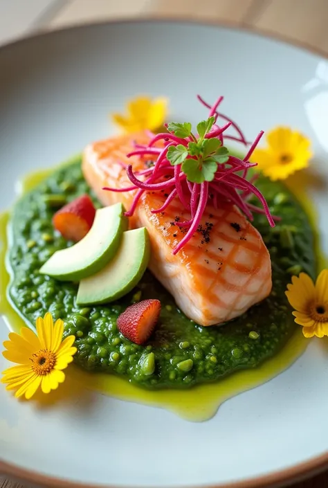 a plate of food with green sauce bases  ,  on top of a salmon protein with red sprouts and yellow flowers the avocado is white