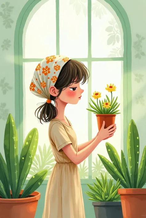 English Prompt:
A whimsical watercolor illustration of a minimalist girl with dot eyes, wearing a chic floral white and orange hair scarf, tending to her plants and gazing lovingly at fresh new blooms. The girl is inside a sunlit greenhouse filled with var...