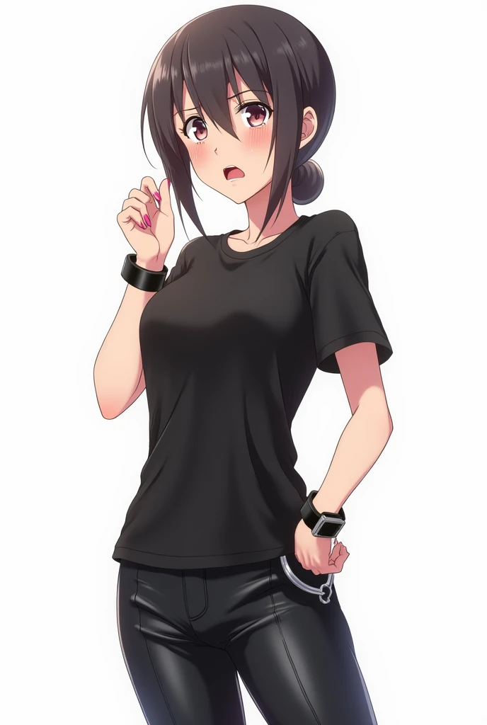 Anime girl in leather t-shirt and leather pants worried and with a white background and full body and with pink nails and a black watch with her cuffs on her chest both hands with an emotion of nervousness and with an expression of concern and a feeling of...