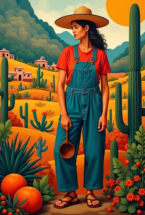   Generate an image that incorporates elements characteristic of Diego Riveras work: Mexican peasants ,  flowers such as calcatraces ,  work tools ,  and rural or urban landscapes .  Details of Mexican iconography , like the eagle, cactus,  or pre-Hispanic...